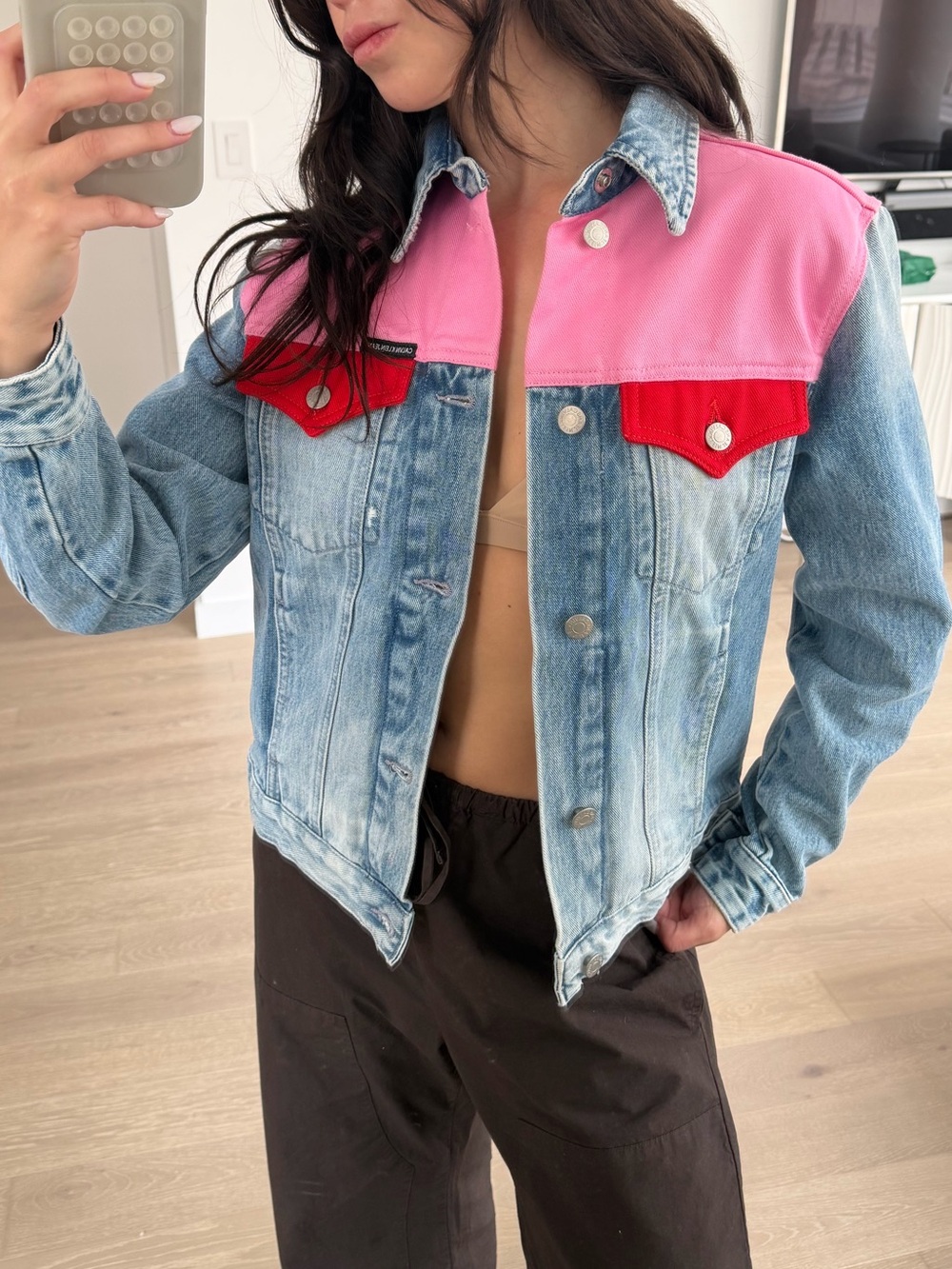 Calvin Klein Jeans Colorblock Trucker Denim Jacket Pink Red Size S